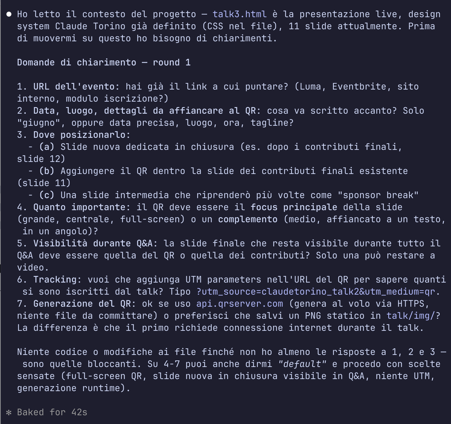Claude Code che pone una raffica di domande di chiarimento prima di scrivere codice