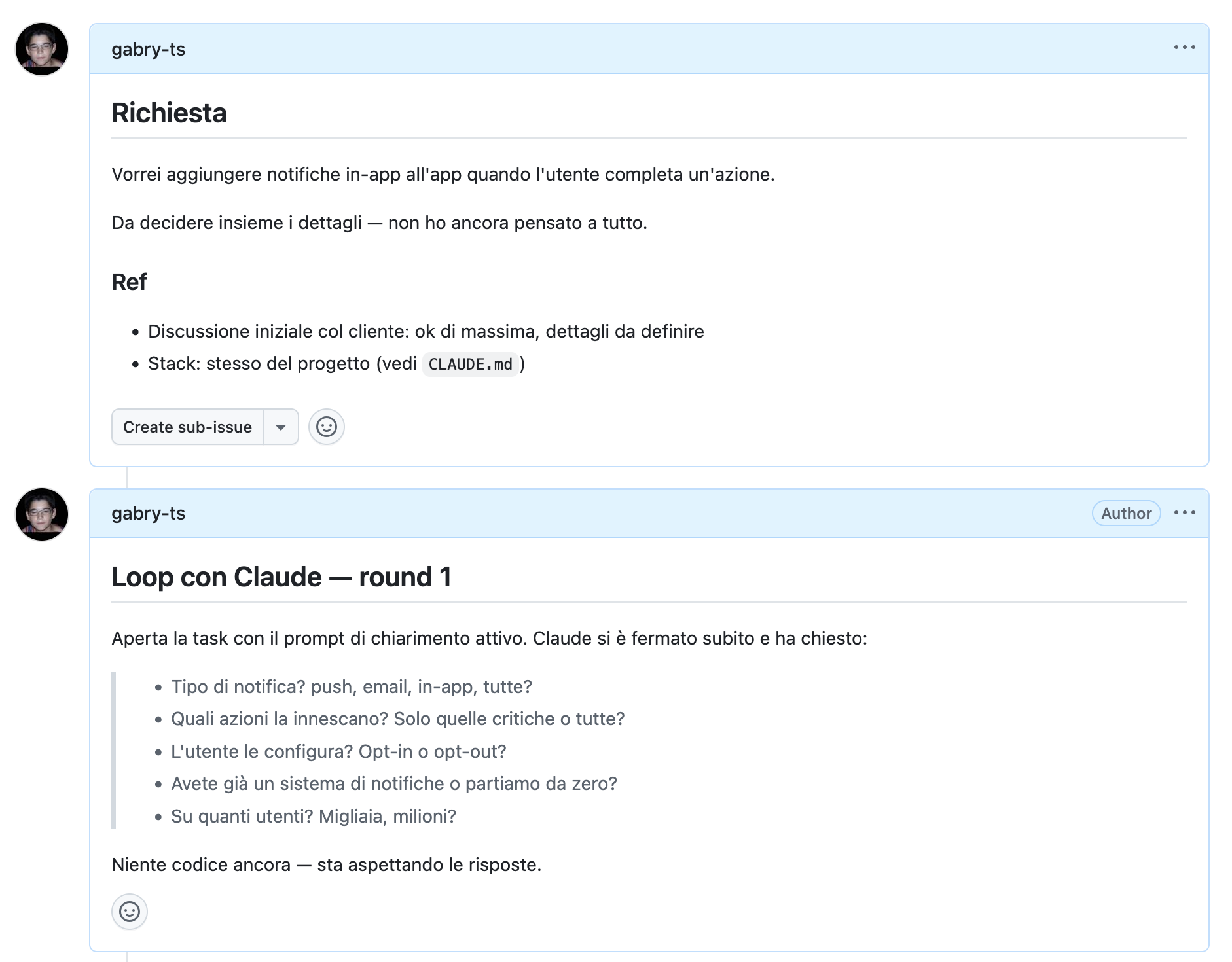 Issue GitHub: richiesta iniziale e raffica di domande di Claude (round 1)