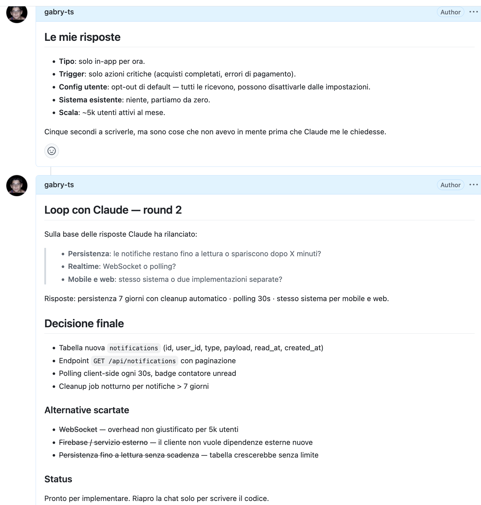 Issue GitHub: risposte, secondo round di domande, decisione finale e alternative scartate